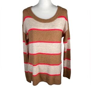Brown Red Striped Crewneck Ribbed Fine Knit Long Sleeve Tunic Pullover Sweater M